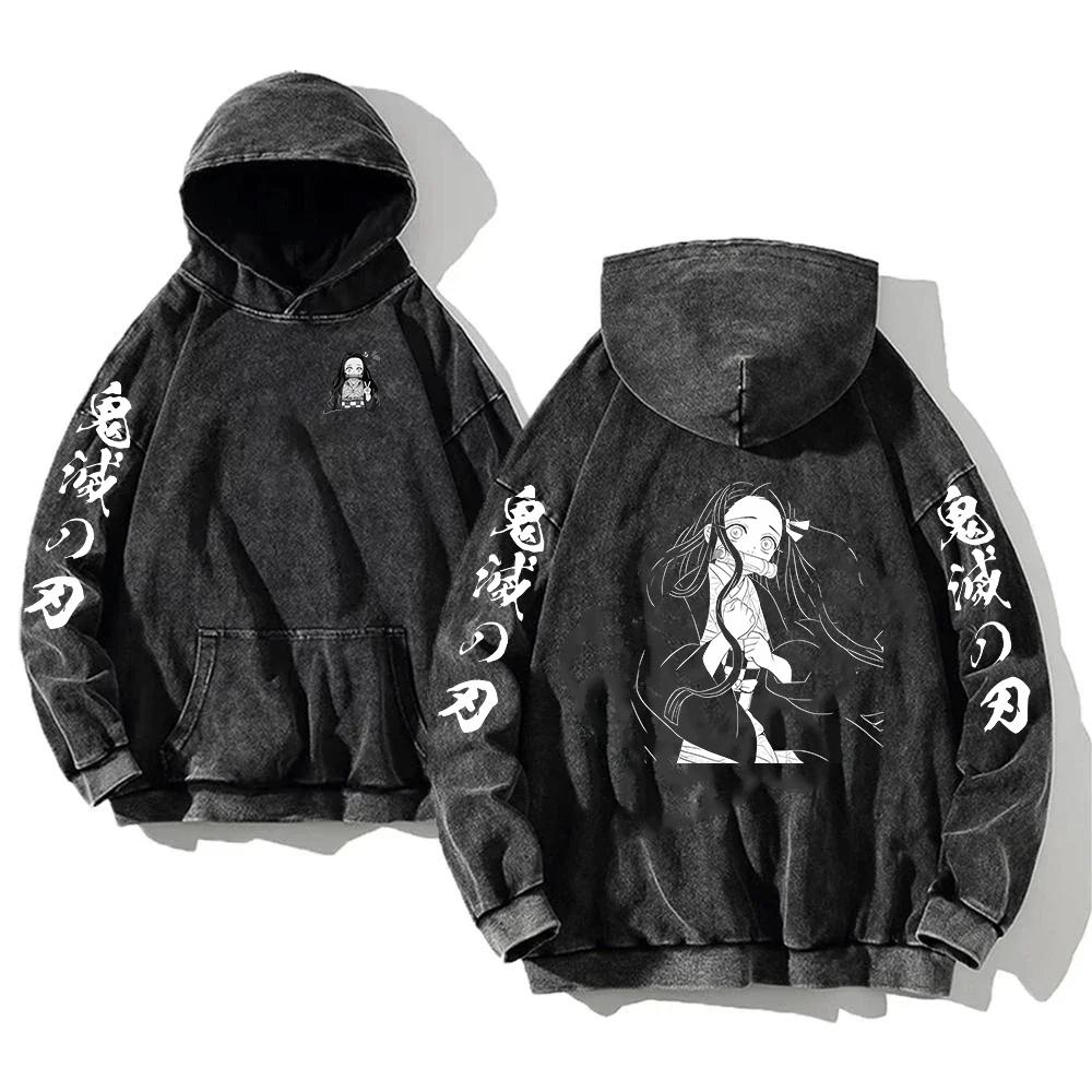 Anime Demon Slayer Kamado Nezuko Cute Graphic Hooded Men Women Manga Cotton Hoodies Vintage Washed Sweatshirt Harajuku Pullover