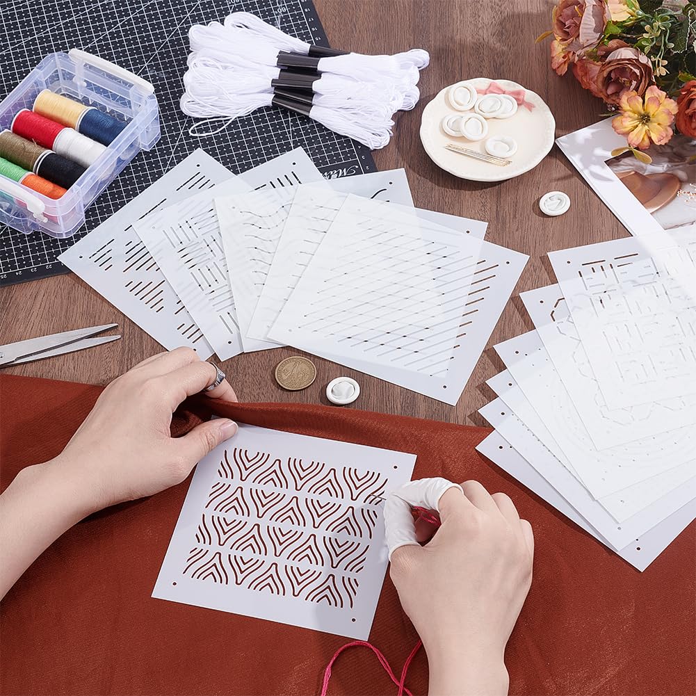 Sashiko Stencil Kit, 38 Pieces, 13×13 cm, Plastic, 12 Designs, for Handcrafts, Quilting, and Patchwork, Includes Finger Protectors and Thread