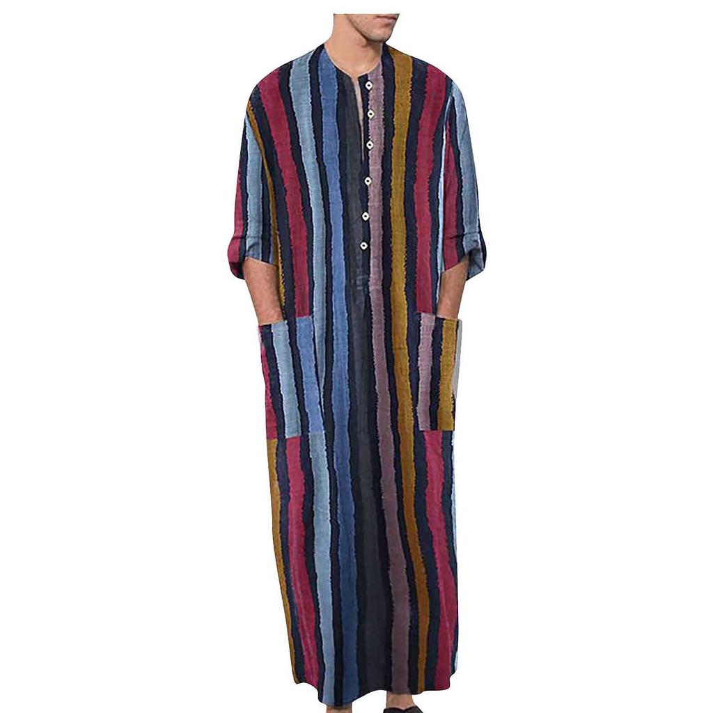 Men's Long Sleeve Arabian Striped Printed Shirt Muslim Men's Robe