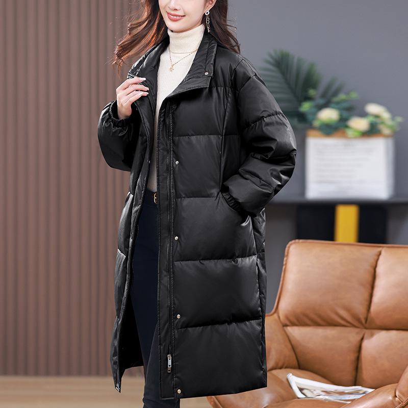 Women's PU Leather Plus Size Mid-Aged Winter Down Jacket 2024 - White Duck Down Thick Long Coat