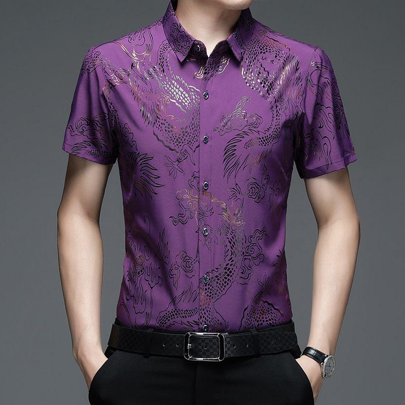 Summer Men's Ice Silk Short-sleeved Shirt Thin Plus Size Breathable Anti-wrinkle Pocket Printed Shirt