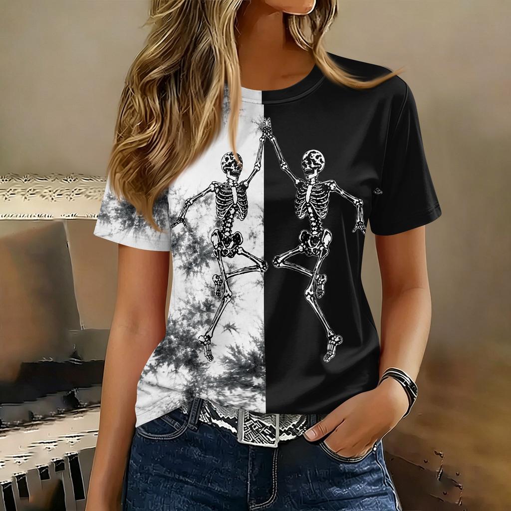 Women's Casual Short Sleeve Round Neck Pullover T-Shirt with Halloween Print