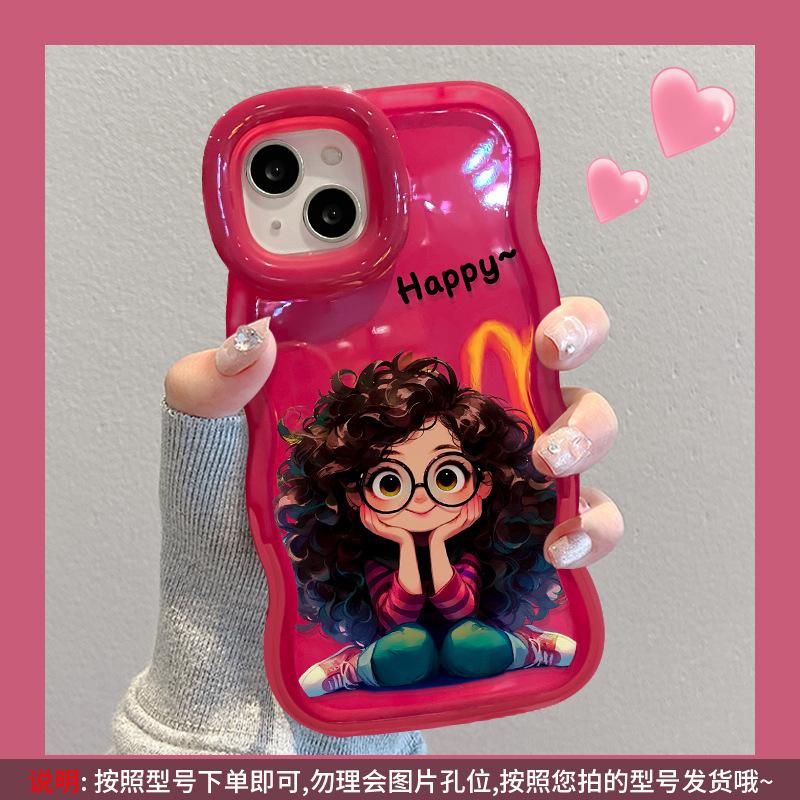 Applicable To Apple 15 Mobile Phone Case iPhone17promax Cute Curly Hair Girl 16 Invisible Double Bracket 14 Silicone
