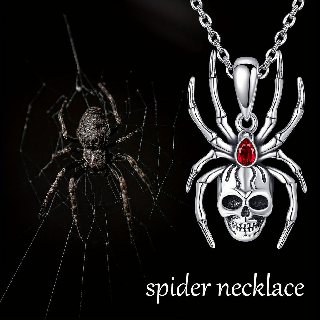 S925 Sterling Silvery Skull Spider Necklace Punk Skull Skeleton Pendant Necklaces Gothic Jewelry for Women