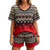 European Streets Summer Fashion Bohemian Ethnic Style Printed V-Neck Short Sleeved T-Shirt And Shorts Set Women's and Men's T-shirt Shorts Set