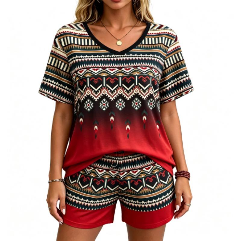 European Streets Summer Fashion Bohemian Ethnic Style Printed V-Neck Short Sleeved T-Shirt And Shorts Set Women's and Men's T-shirt Shorts Set
