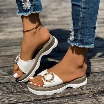 Mode 2025 Sommer Damen Zehenfreie Pantoletten Mode Strass Schnalle Runde Zehenpartie Plateau Prägnante Sandalen für Tägliche Freizeitpantoletten