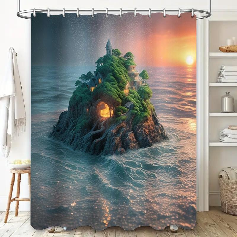 Enchanting Island Shower Curtain 3D Printed Waterfall Sunset Ocean Design for Bathroom Decorations Perfect Gift Idea