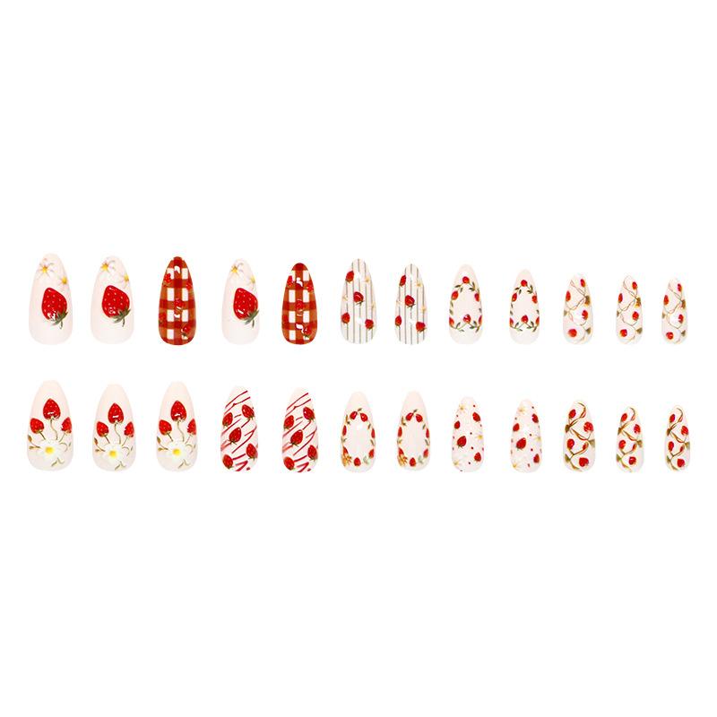 W2217 3D Girlish Sweet Strawberry Garden Stylish European American Removable Press On Nails 24Pcs