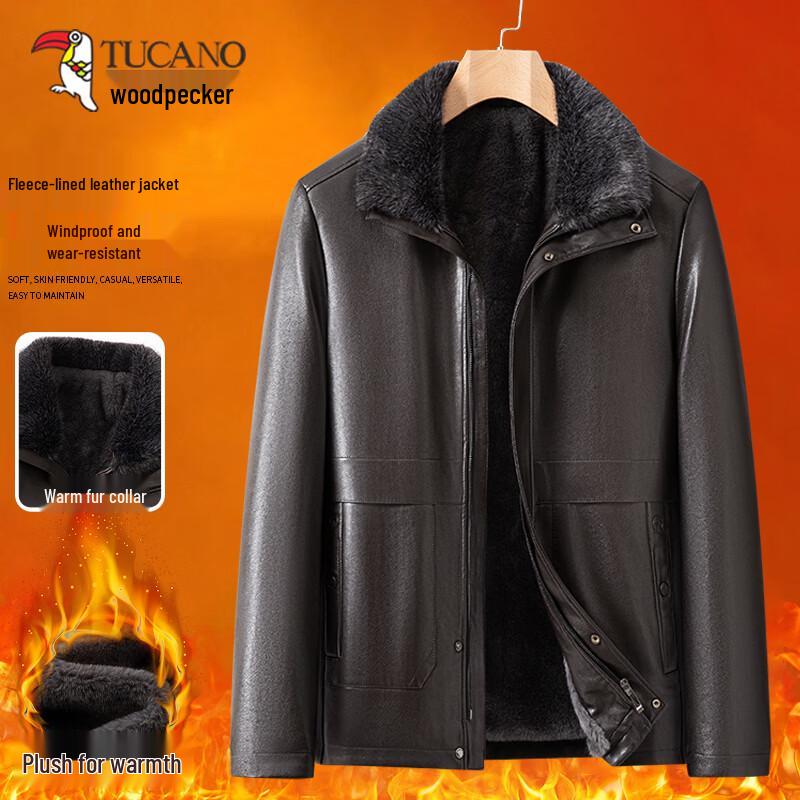 TUCANO Men s Winter Fleece-Lined Leather Jacket with Fur Collar 4XL