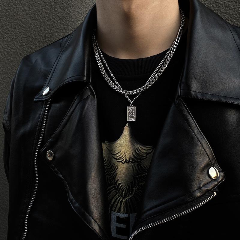 Layered Cuban Chain Necklace Silver Stainless Steel VENUS Coin Pendant Hip Hop Unisex Jewelry