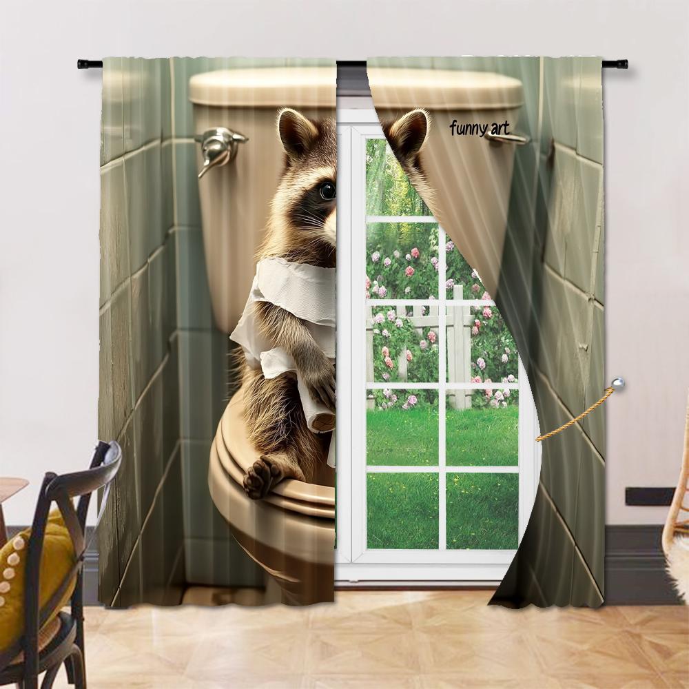 2 pcs, versatile polyester transparent curtains for home decoration Funny Raccoon for use in bedrooms and living rooms