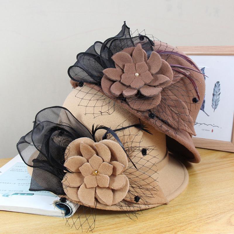 Women S Elegant Warm Wool Blend Round Top Wide Brim Hat With Flower Decoration