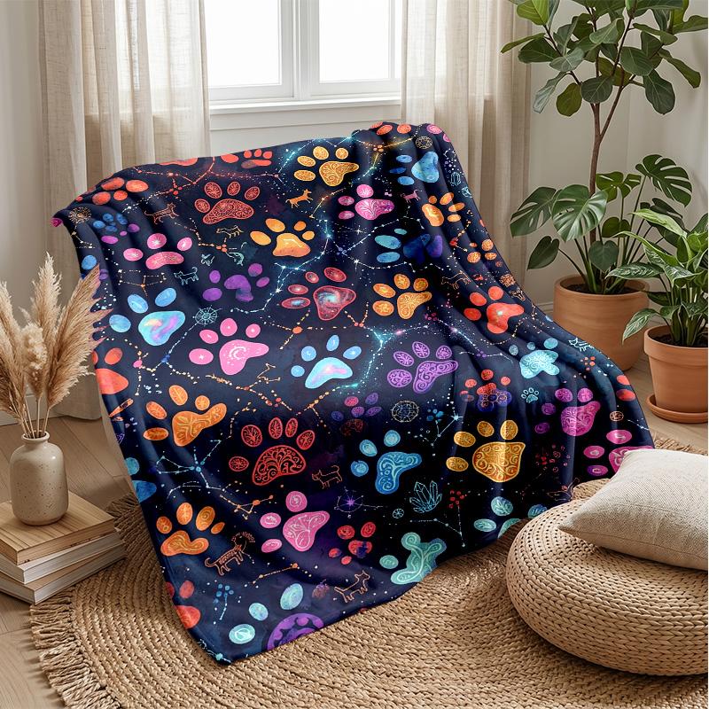 Colorful Paw Prints Pattern Blanket Personalized Name Flannel Blanket Soft Cozy Plush Throw for Sofa Bed Lightweight Home Decor
