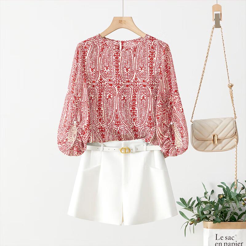 Women s Loose Fit Round Neck Lantern Sleeve Printed Top XL