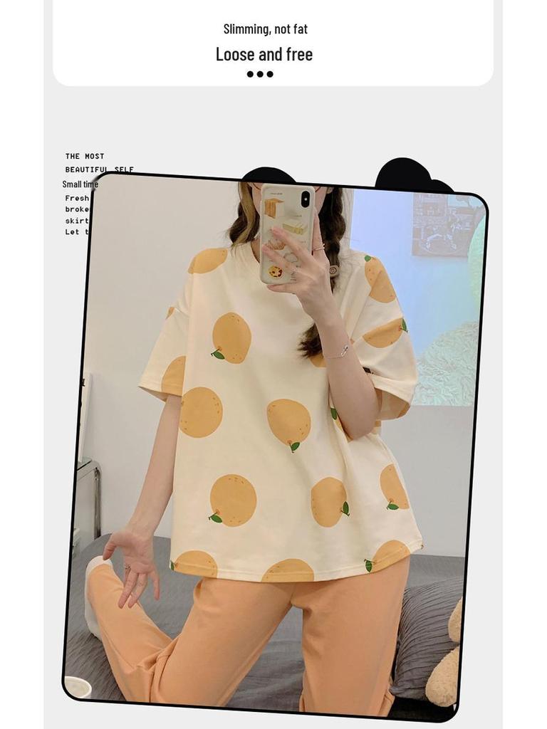 Women's Summer Pajama Set: Plus Size Loose Fit, Short Sleeve Top & Long Pants with Cartoon Design, Lightweight Home Wear