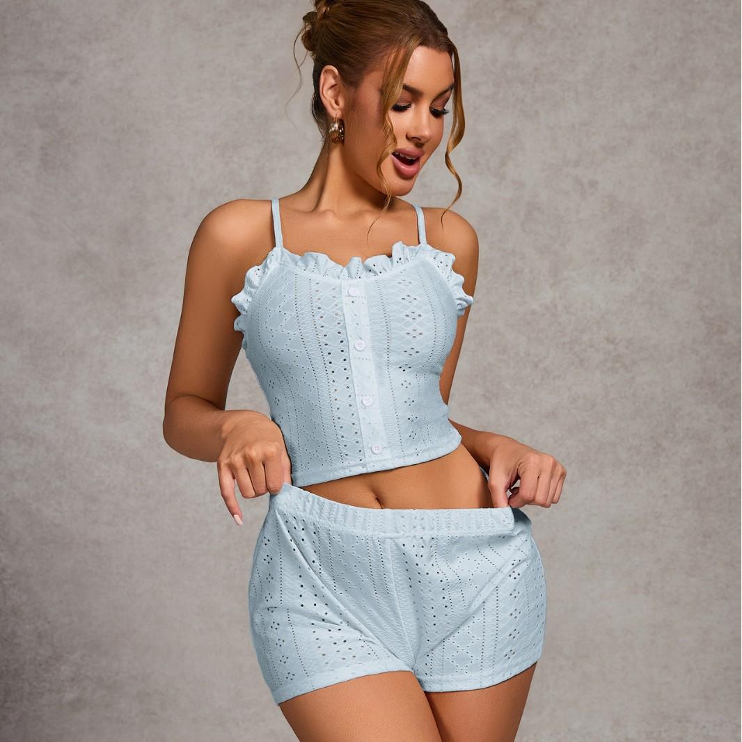 

Summer Solid Lace Pajamas Set for Women Homewear Lotus Leaf Edge Pijamas Sexy Sling Crop Tops and Shorts 2 Pieces Suit Sleepwear S