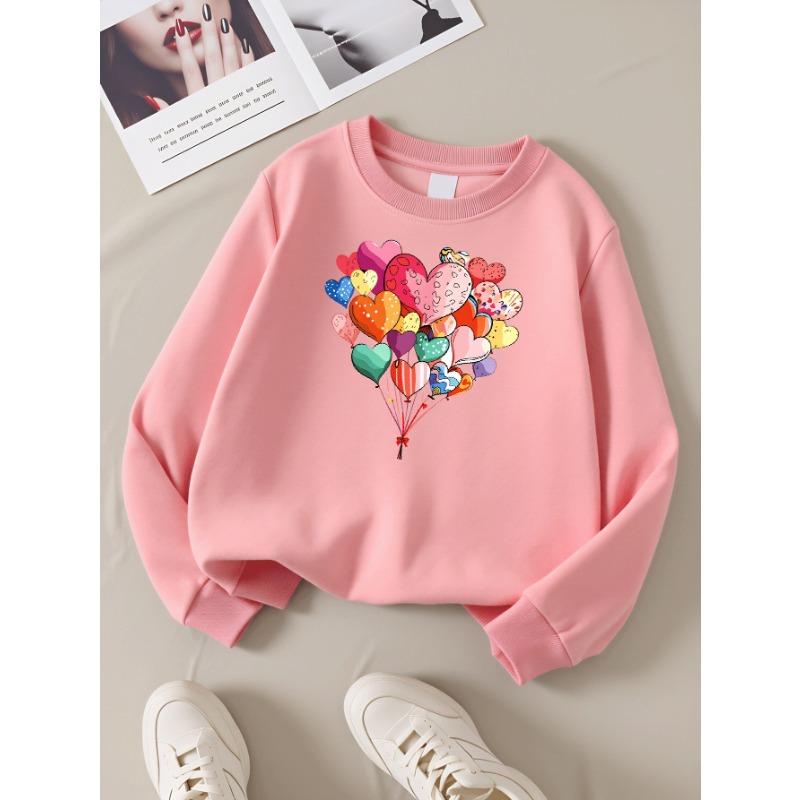 European Sizes Heart Balloons Colorful Pattern Love Design Girls' Crew Neck Sweatshirt, Western Top, Long Sleeved, Casual for Little Girls.