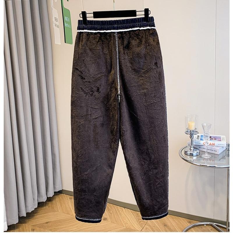 DIMANAF 2025 Outono Inverno Jeans Tamanho Grande Espessos com Forro Novo Mulheres Azul Vintage Algodão Denim Calças Compridas