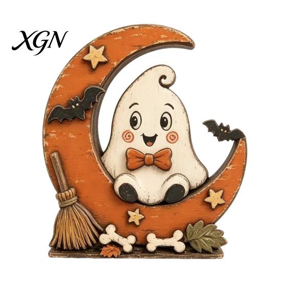 Retro Rustic Tiered Tray Decor Halloween Pumpkin Witch Cat Ghost Figurines with Crescent Base, Spooky Collectible Gift for Enthusiasts Wooden Tabletop