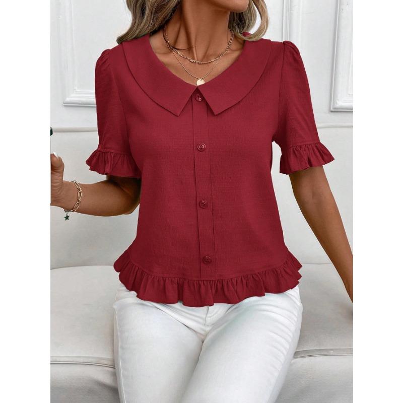 Women S Short Sleeve Blouse Doll Collar Pleated Solid Color Casual Top