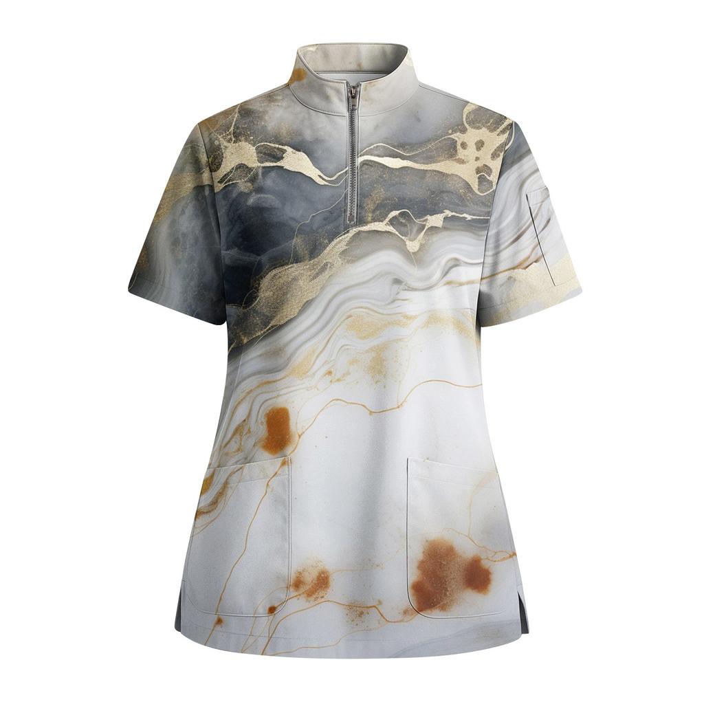 Women's Short Sleeved Printed V-neck Buttonable Side Slit Top T-shirt