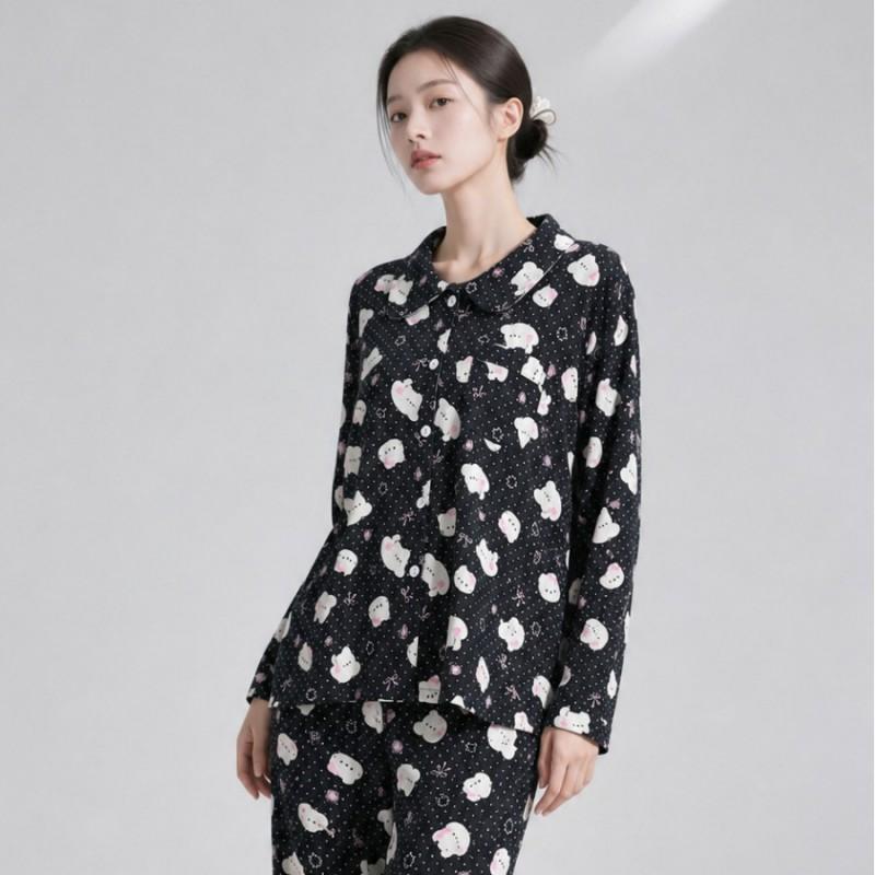 Womens Cotton Pajama Set Cartoon Long Sleeve Pants Loungewear