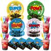 120 Pcs Super Theme Party Plates Cups And Napkins Forks For Comic Heroes Birthday Decorations 'S Action Sign Cityscape