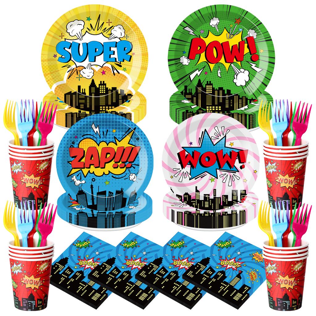 120 Pcs Super Theme Party Plates Cups And Napkins Forks For Comic Heroes Birthday Decorations 'S Action Sign Cityscape