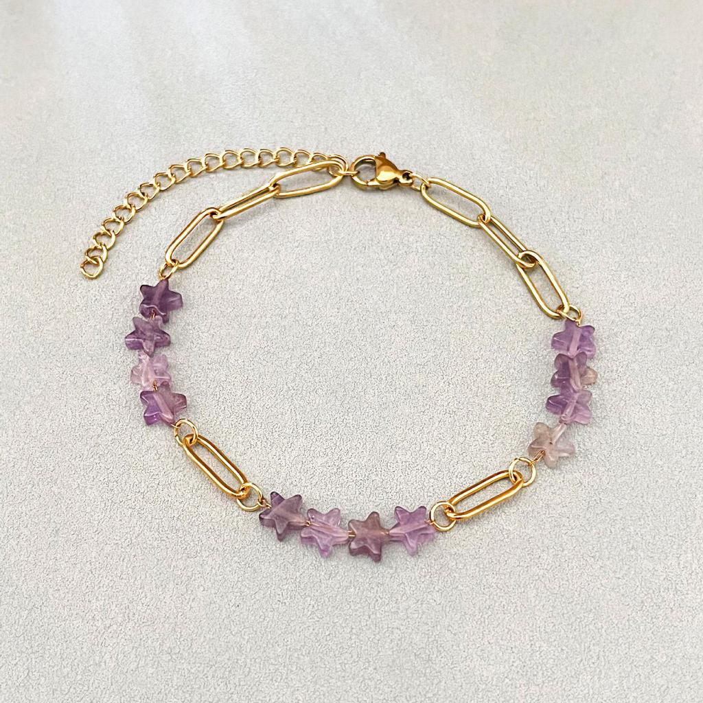 Elegant 18k Gold-Plated Stainless Steel Bracelet with Natural Stone Inlay - Trendy and Fade-Resistant for Women
