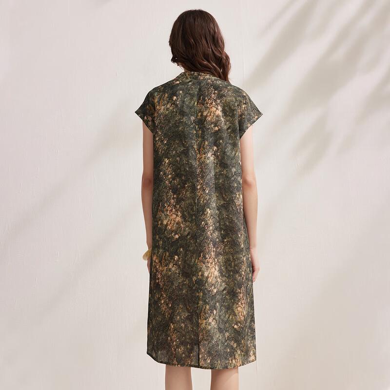 Zhaojun New Chinese Style Mulberry Silk Crepe Printed Midi Dress