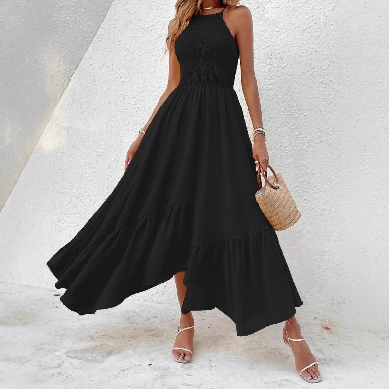 Damen Smocked Neckholder Maxikleid Ärmellos A-Linie Lässig Sommer Sonnentuchkleid