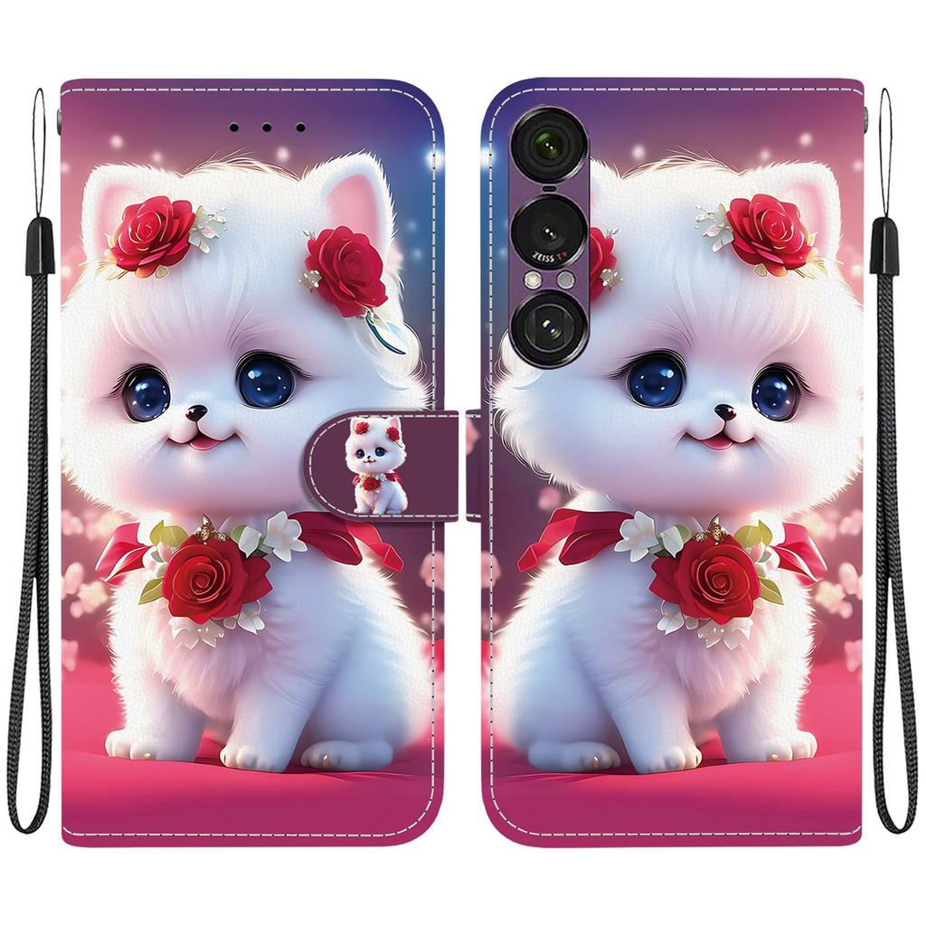 Handmade PU Leather Flip Case for Sony Xperia 1 VII Anti-Slip Shockproof Cover with Wrist Strap & Heart/Rose Cat Designs