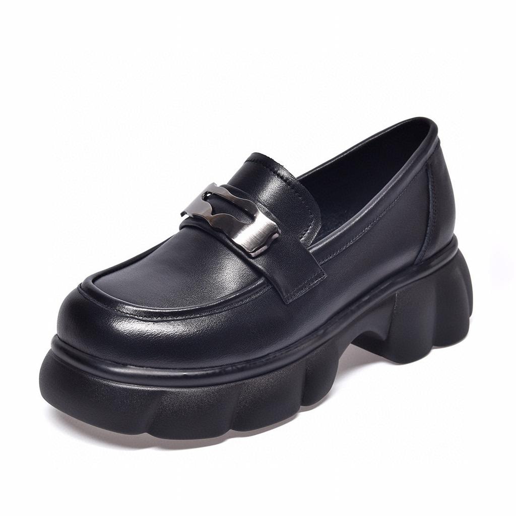 Platform Shoes Women's Spring New Round Head Metal Buckle Waterproof Table Thick Heel Single Shoes College Style Small Leather Shoes Women's Shoes