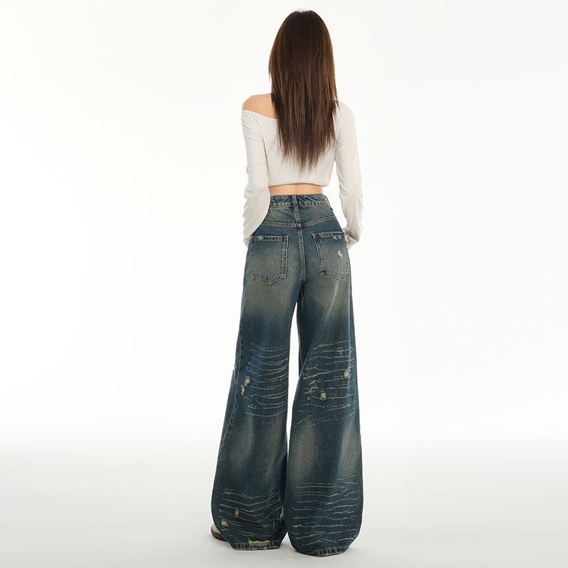 Spring Vintage Distressed Blue Ripped Cat Scratch Relaxed Straight Wide Leg Denim Pants For Women Casual Pants Oversize Denim Trousers