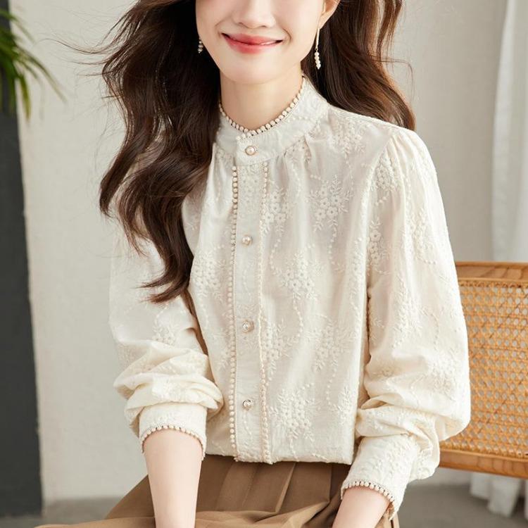 New Women Embroidered Pearl Button Collar Apricot Shirt Pure Cotton Long Sleeve Spring Top M