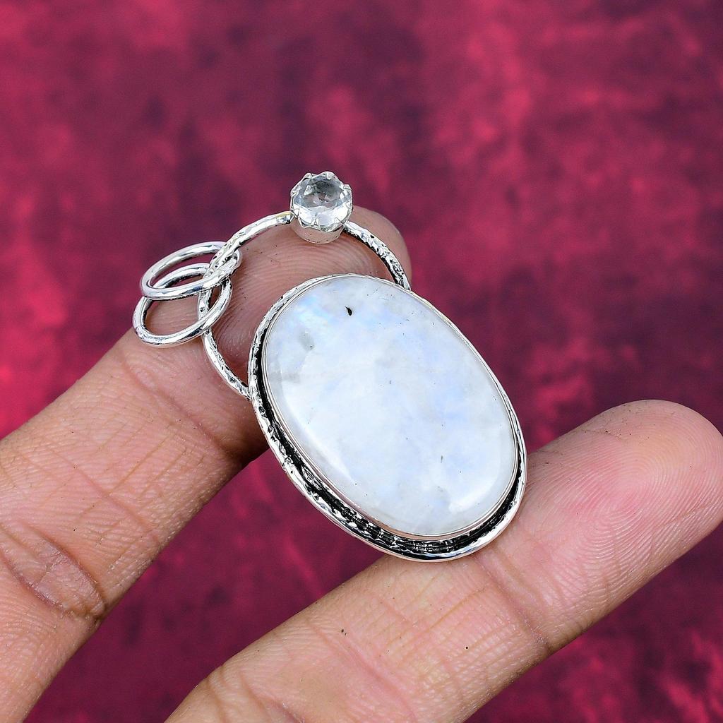 Regenbogenmondstein & Weißtopas Schmuck, 925 Massiv Sterlingsilber Anhänger Schmuck, Handgefertigter Anhänger Edelstein Schmuck für Frauen