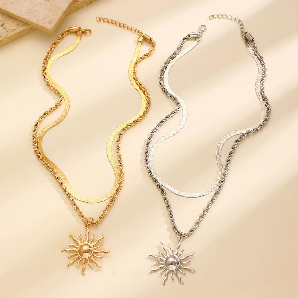 Exaggerated Big Sun Pendant Necklace for Women Trendy Double Layer Snake Bone Chain Necklace Summer Jewelry Accessories