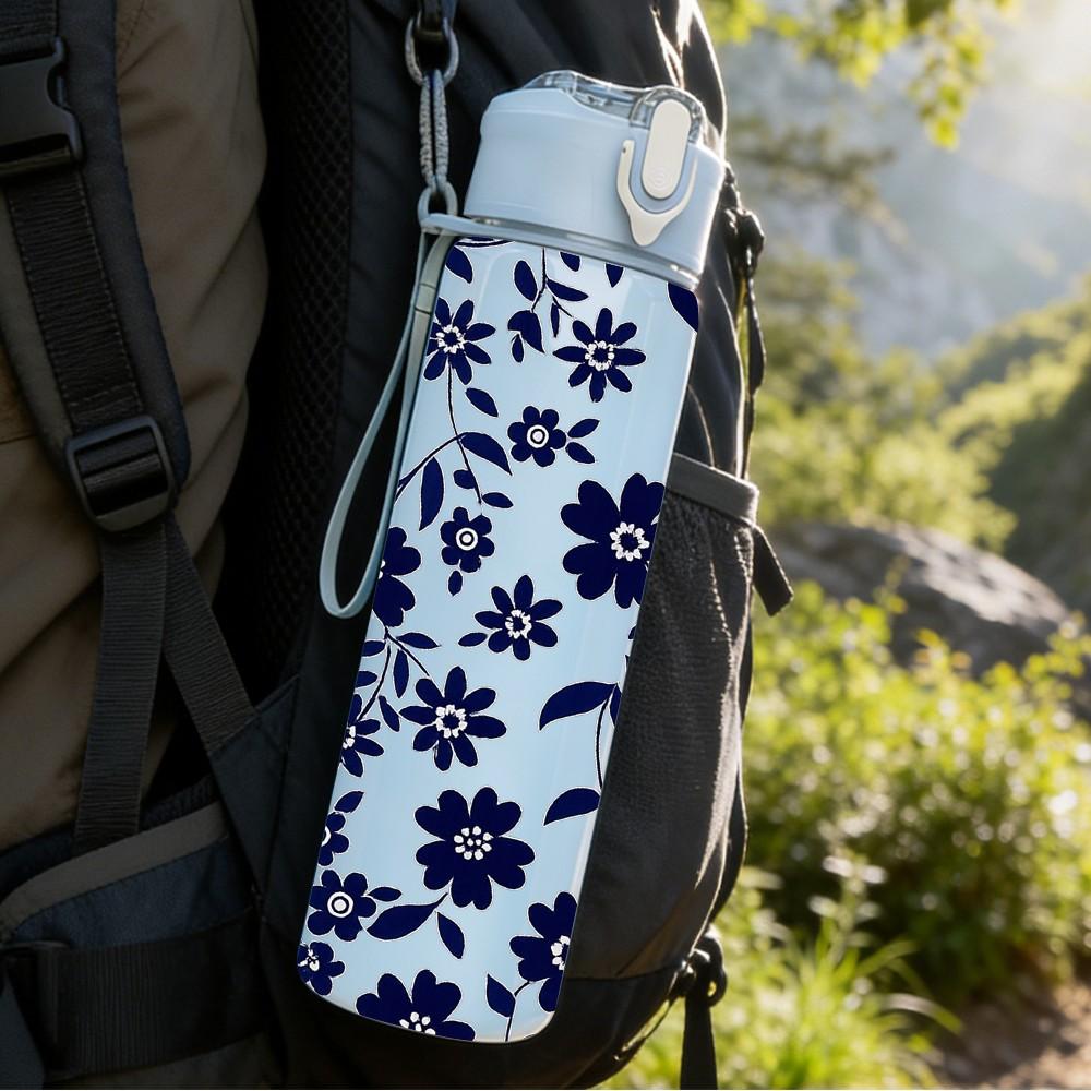 1PC Dark Blue Flower Seamless Pattern Print 750ml Color Plastic Sports Water Bottle Leakproof Flip Straw Lid Suitable for Sports Office Home Use