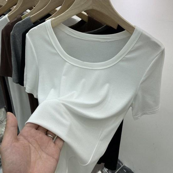 Tee Shirt O-Neck Short Sleeve Ribbed Women T-shirt Summer Top Solid Color Slim Fit Streetwear Blouse