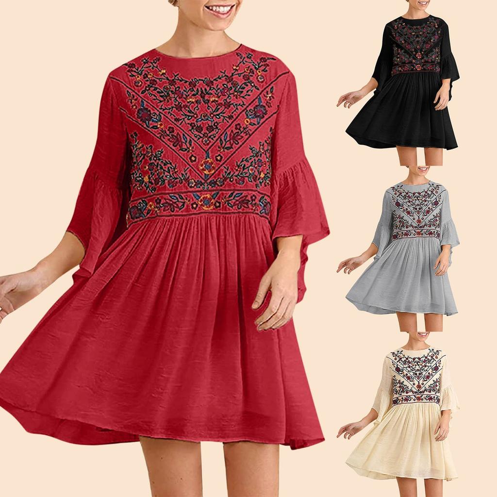 Fashion Womens Loose Summer Short Sleeve Embroidery Print Flared Sleeve Dress