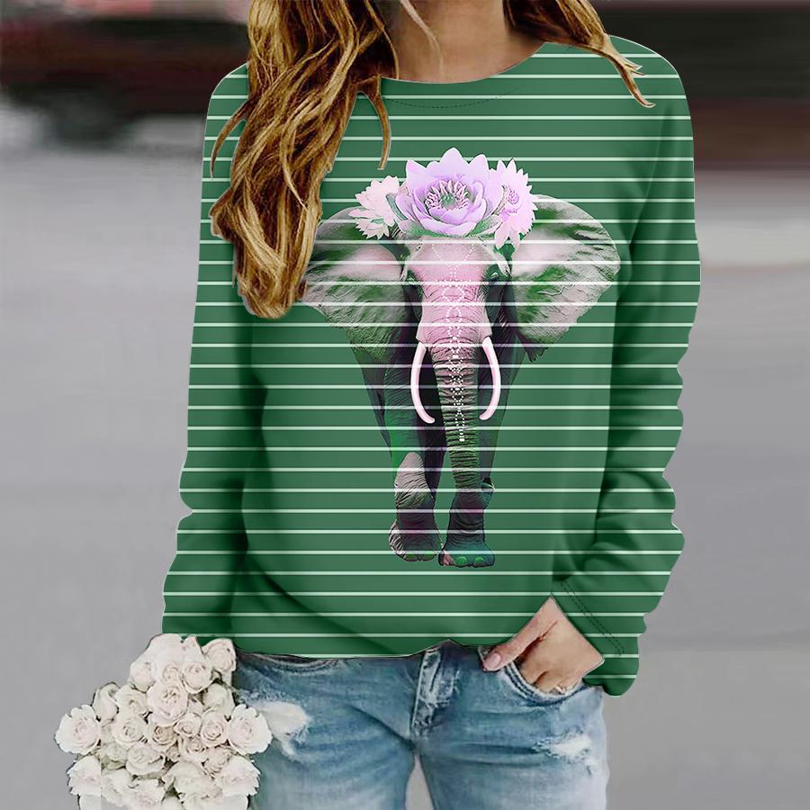 Tops For Women Elephant Flower Print Round Neck Long Sleeve T-shirt Fall Casual Slim Pullover Women's Long Sleeve Top