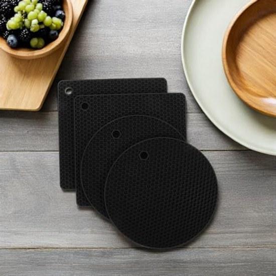 No-brand Silicone Pot Mat Set 6 Black Heat Conduction Prevention Non-slip Honeycomb Structure Countertop Protection Round 18cm X 3 Pieces + Square
