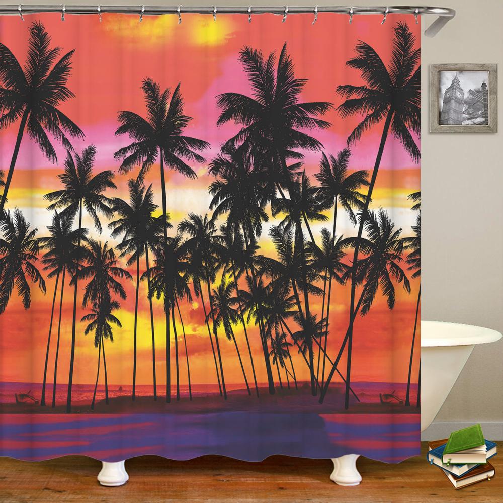 Strand Sonnenuntergang Palmen Landschaft 3D-Druck Duschvorhang Polyester Wasserdicht Heimdeko Vorhang Mit Haken Große Größe 300x180