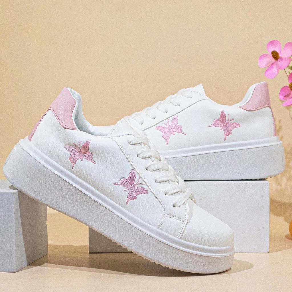 "2024 Women's White Butterfly Embroidered Low-Top Sneakers - Spring/Summer Korean Style, All-Match, Large Sizes Available"