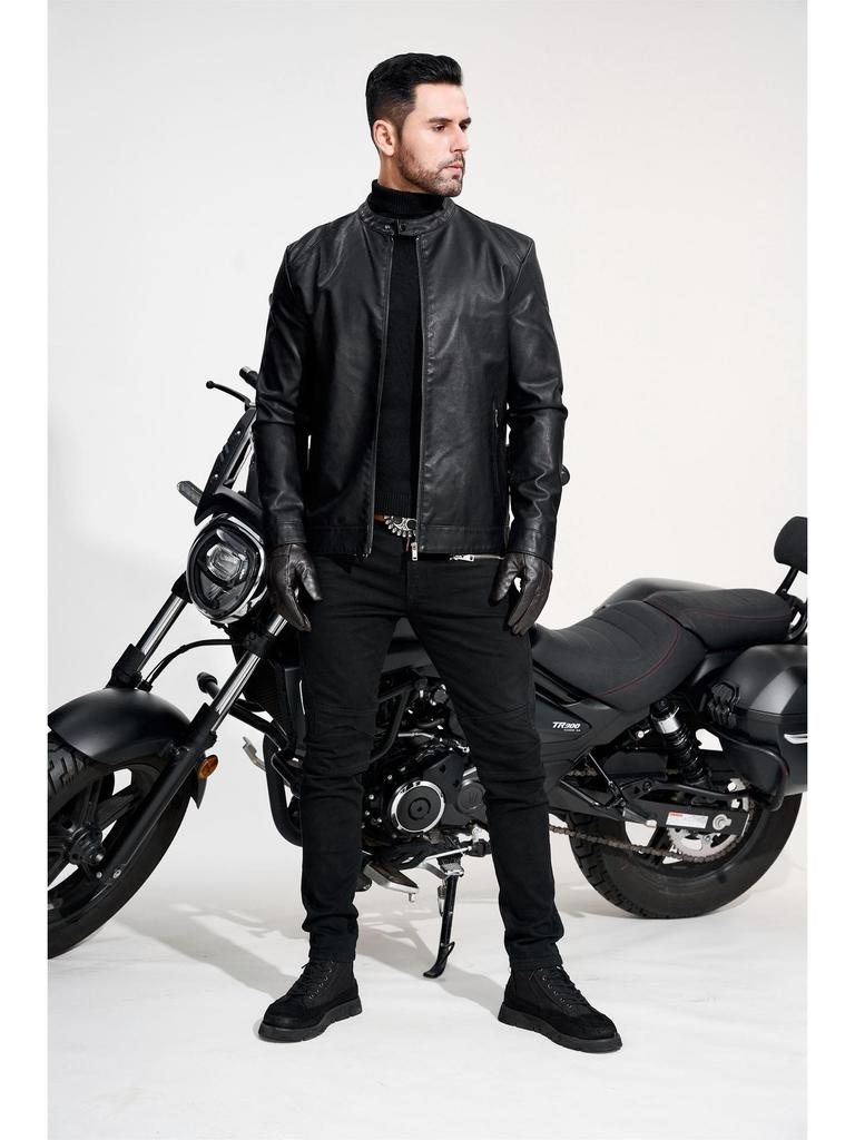 Men's PU Leather Motorcycle Jacket, Casual Retro Stand Collar Outerwear