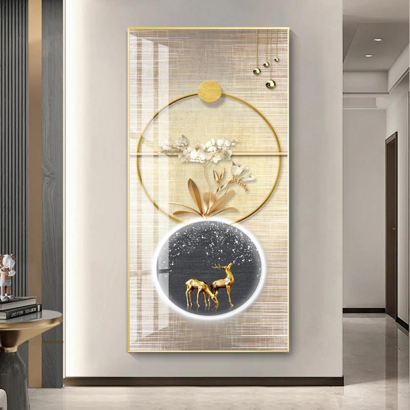 Abstract Luxury Golden Canvas Painting Rich Tree Light Wall Art Deer Posters and Prints for Living Room Porch Corridor Decor