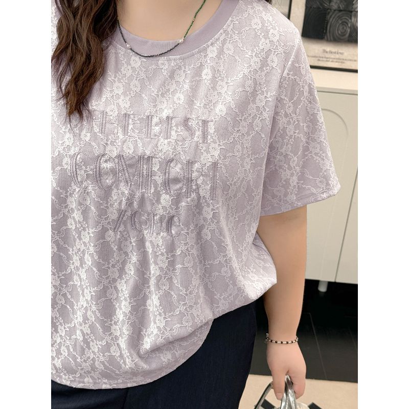 Plus size women clothing [Heavy Industry Fashion Brand T] Sweet Lace Embroidery Short sleeve T-shirt Summer Chubby Girl Loose Casual Top