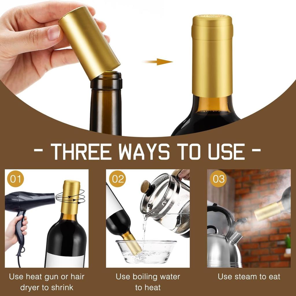 100 Pezzi Tappi di Sughero Naturali per Bottiglie di Vino e Sigilli Capsula Termoretraibile con Linguetta Strappo per Tappo Bottiglie di Vino a Bocca Dritta