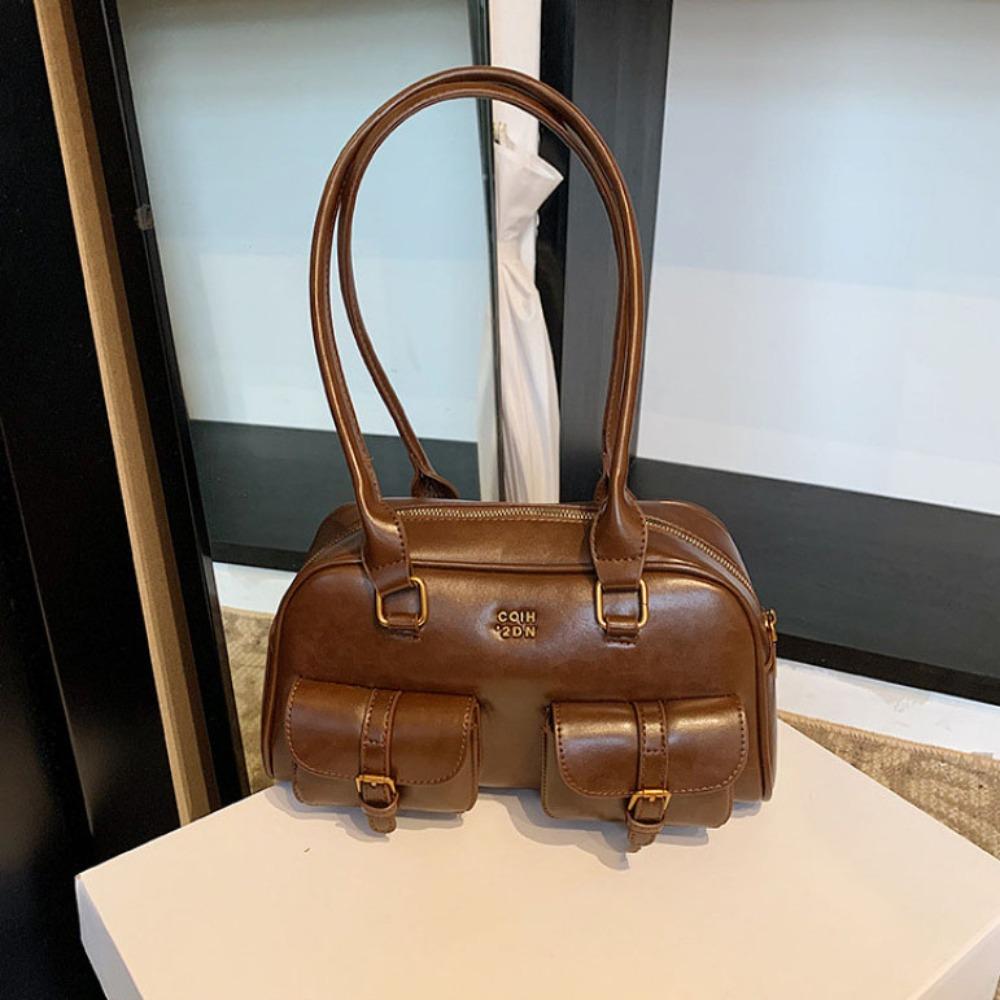 Solid Color Bowling Bag PU Leather Hobo Bag Portable Leather Shoulder Bag  Children